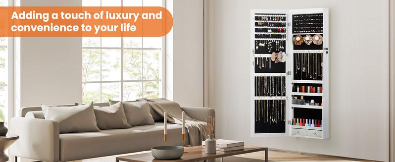 HomeSquad Full-Length Mirror Jewelry Cabinet, Wall or Door Mount, Organizer Armoire with Built-in Makeup Mirror, Lockable Storage with 2 Drawers