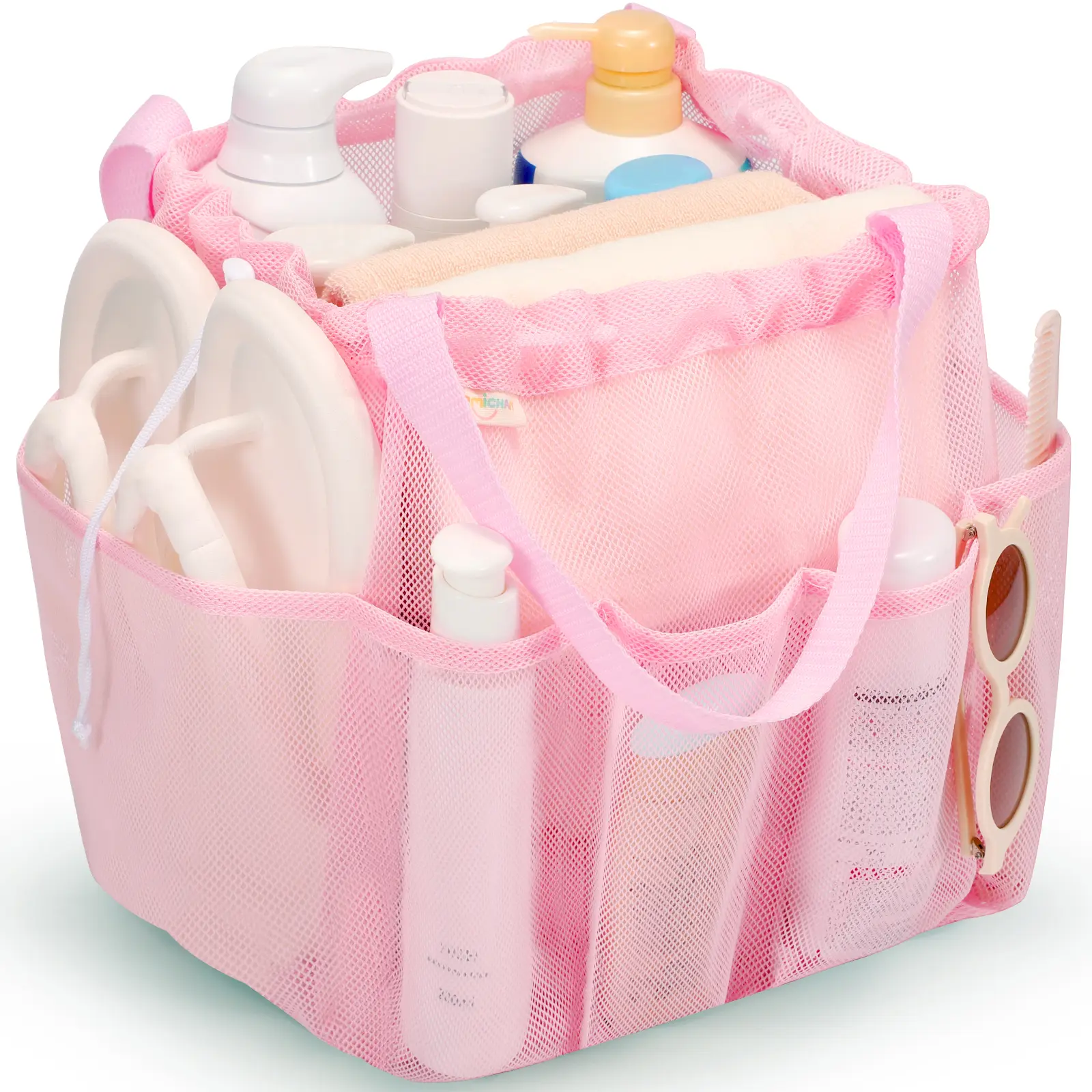 Portable Mesh Fabric Shower Caddy with Drawstring - Large Bathroom Organizer, Travel Toiletries Holder, College Student Essential for Camping & Gym (Pink)