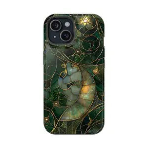 Stained Glass Nautilus Tough Phone Case, Art Nouveau Dark Green Aesthetic, Intricate Gold Accent Heavy Duty Drop Protection for iPhone 11 12 13 14 15 16 17 Pro Max Plus