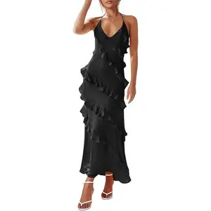 Wenrine Women's Sexy Chiffon Halter Maxi Dress Sleeveless Backless Ruffle Tassel Party Club Dresses