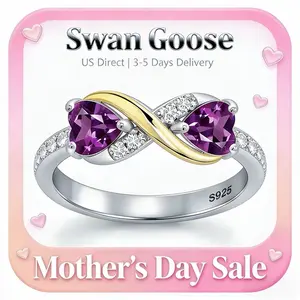 S925 Sterling Silver Heart-Cut Purple Crystal Clairamor high quality Ring for woman  - Double Heart Design, Gold-Plated Accent, Gift Jewelry for mother day ，Elegant All-match Fashion Accessories for Daily wear