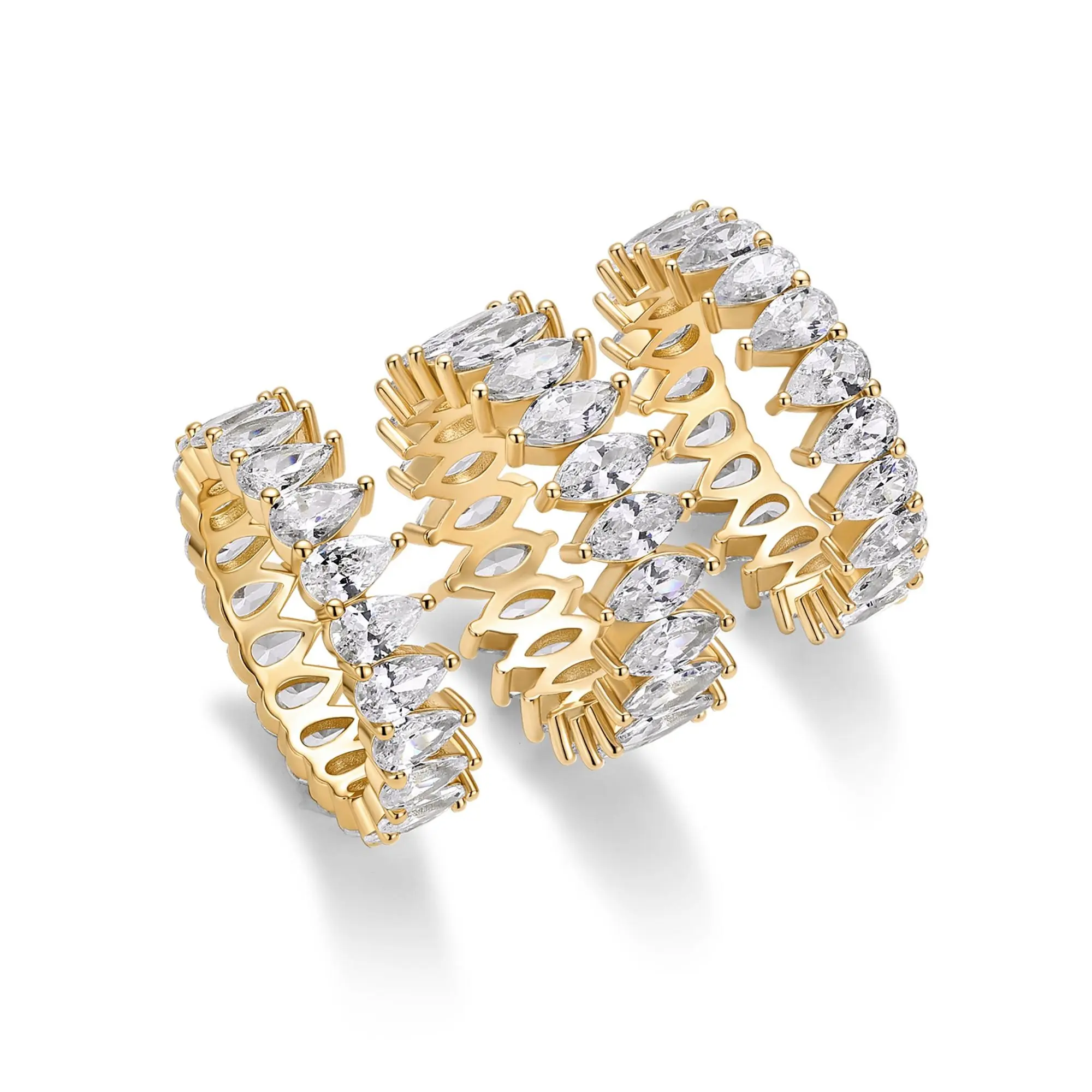 PAVOI 14K Gold Plated Eternity Ring Set - 3 Ring Pack Stackable Wedding Bands for Women with Cubic Zirconia - Pear & Oval CZ Eternity Band - Statement Bridal Jewelry Wedding Rings