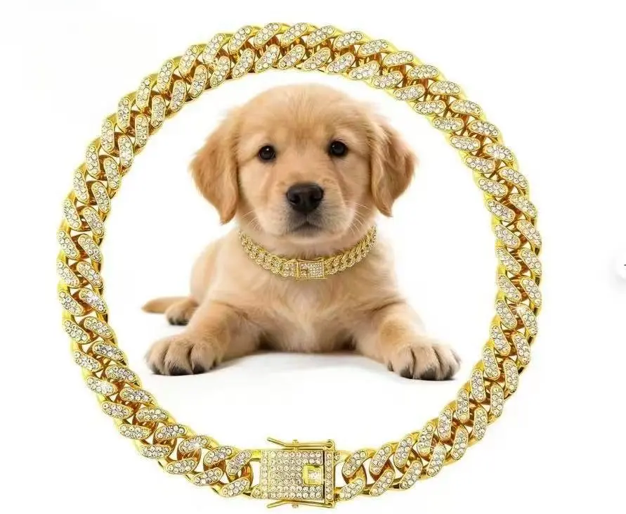 European and American hip-hop pet dog collar, diamond collar, metal chain necklace with safety clasp, Cuban-style pet collar accessory, suitable for small, medium, and large dogs and cats Dog Mom Must-Have! Luxury Iced Out Pet Necklace