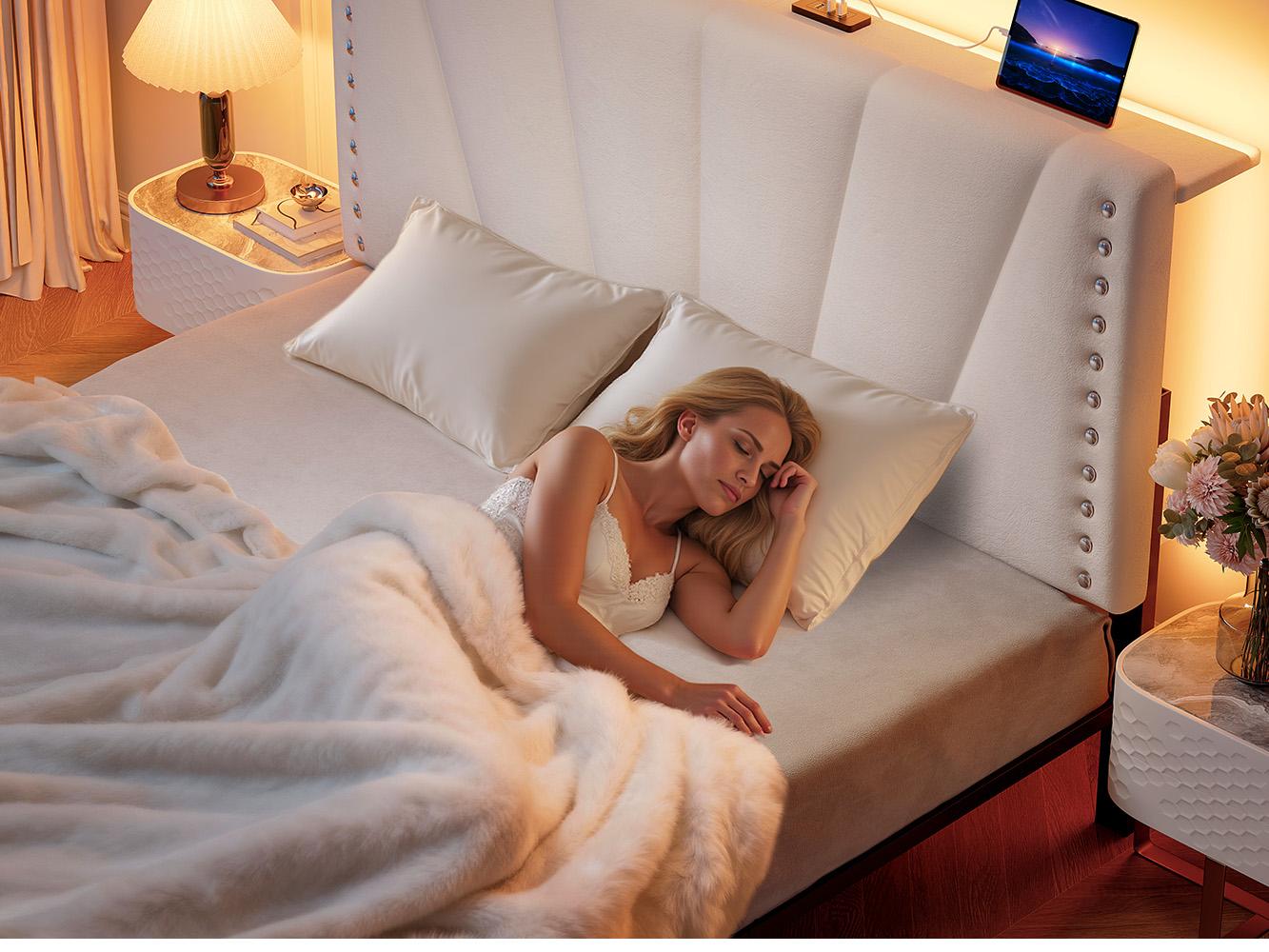 Bed Frame King Size with LED lIghts & Charging Station, Upholstered Queen Bed Frame with Shelves, Luxury Bedframe, Bedroom FurnitureNo Mattress, Noise Free, Holds 880LBS, Wood Slats & Metal Frame, Beige, Gray Bed Frame King Size with LED lIghts & Charging Station, Upholstered Queen Bed Frame with Shelves, Luxury Bedframe, Bedroom FurnitureNo Mattress, Noise Free, Holds 880LBS, Wood Slats & Metal Frame, Beige, Gray