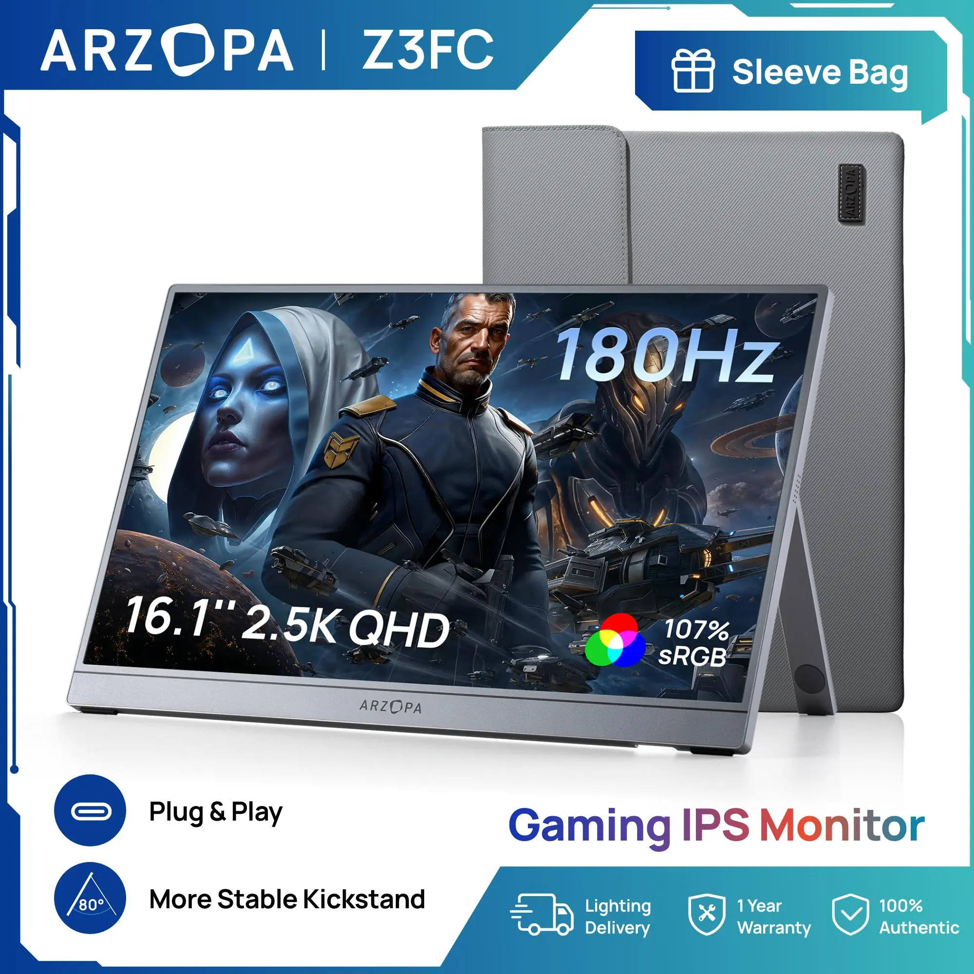 ARZOPA  Z3FC 16.1" Portable Gaming Monitors – 2.5K QHD – 180Hz@DP, 144Hz@Hdmi, Ultra Slim External Display for Laptops Gaming PC PS5 Xbox Mac with Built-in KickStand & Dual Speakers – Gray