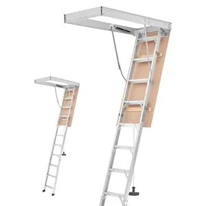 【FathersDayGift】VEVOR Aluminum Attic Ladder, Fits 9.8'-10.3'/7.66'-9.8' Ceiling Height, 54" x 22.5" Opening, 375 lbs Load Capacity, Multi-Purpose Foldable Lightweight and Portable Attic Stairs for Convenient Access, Extendable Telescopic Ladders, Stairs T