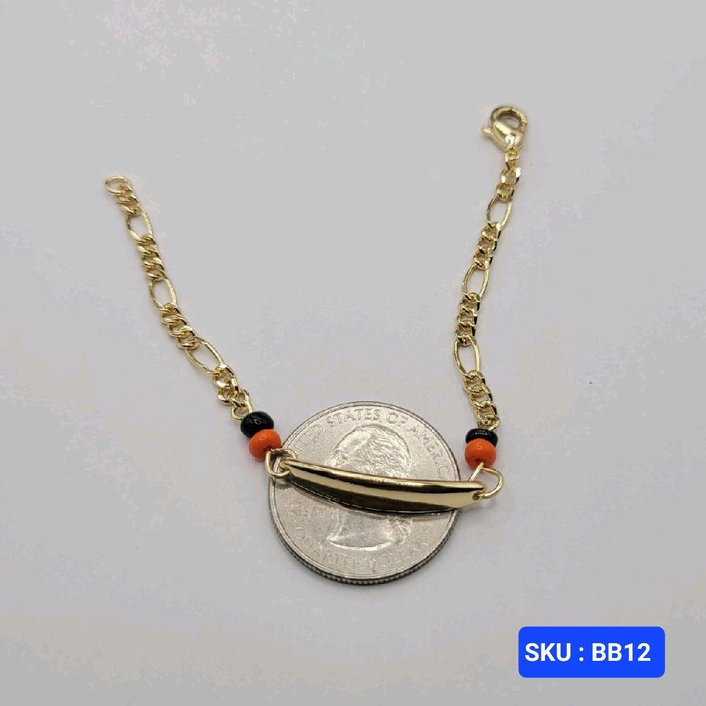 Baby Bracelet Orange and Black Adjustable Laminated-Gold 6 inches 3mm chain 5mm plate for Small Kids Protection Jewelry