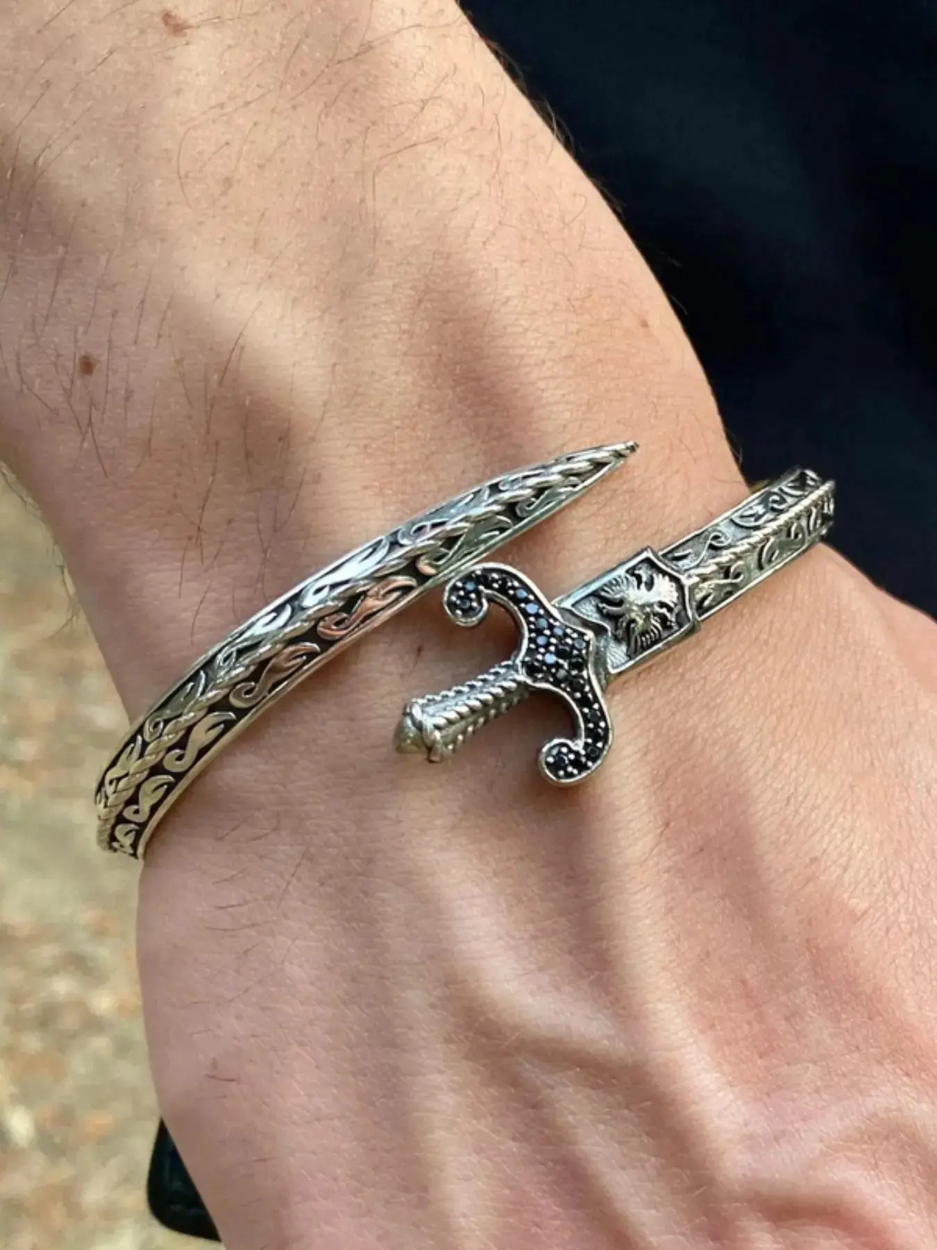 Gothic Punk Sword Spring Adjustable Rhinestone Bracelet, Dark Vintage Personalized Rune Party Men's Bracelet, Unique Style Accessory, Gothic Jewelry, Adjustable Cuffs
