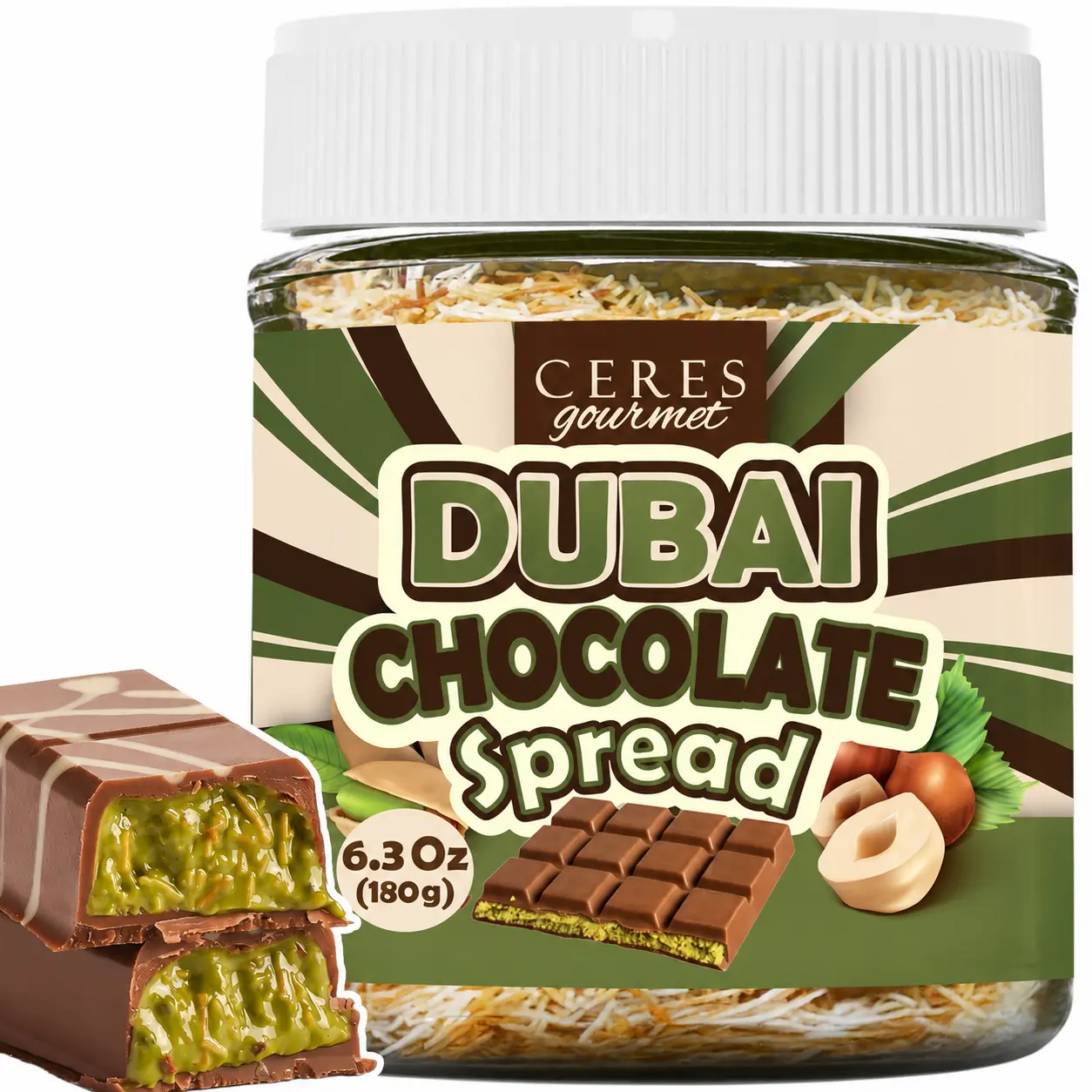 Dubai Chocolate Spread – 6.35 oz Jar with Pistachio, Kataifi & Gourmet Dubai Chocolate Filling for Pancakes, Breakfast, Snacks, and Desserts