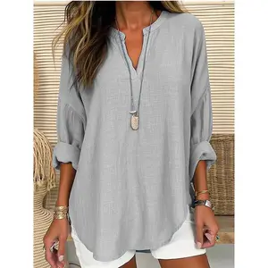 2025 Women's V-neck Cotton and Linen Pure plus Size Shirt Top Womenswear Fitted Casual Blouse
