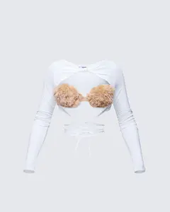 Eyra White Mesh Faux Fur Bust Wrap Top