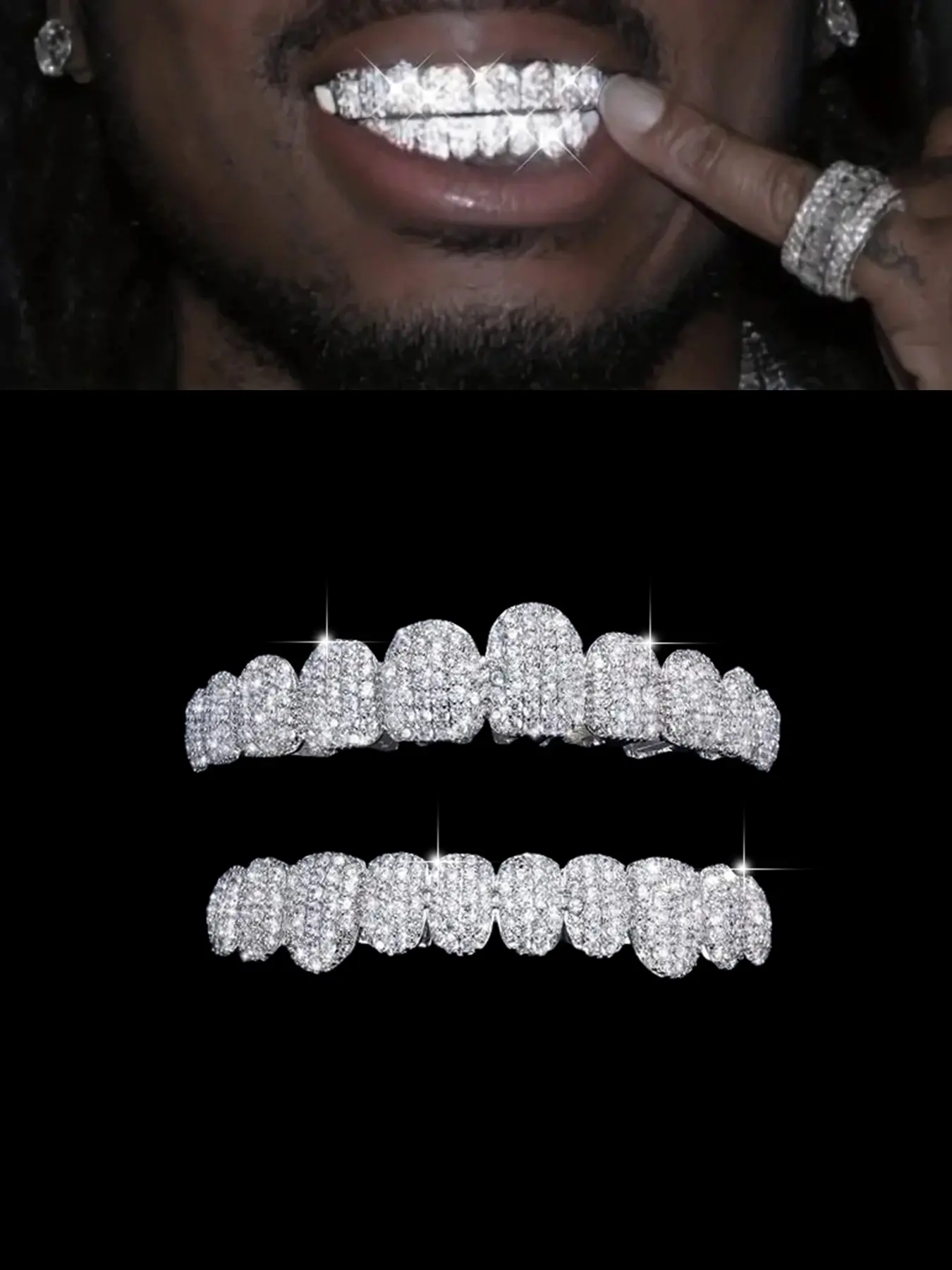 1PC/2PCS/SET 18K Silvery Cubic Zircon Grillz Teeth 10 Teeth Top Bottom Grills Iced Out Mouth Punk Tooth Braces Cosplay Rapper Unisex Jewelry Accessory Dental Accessory