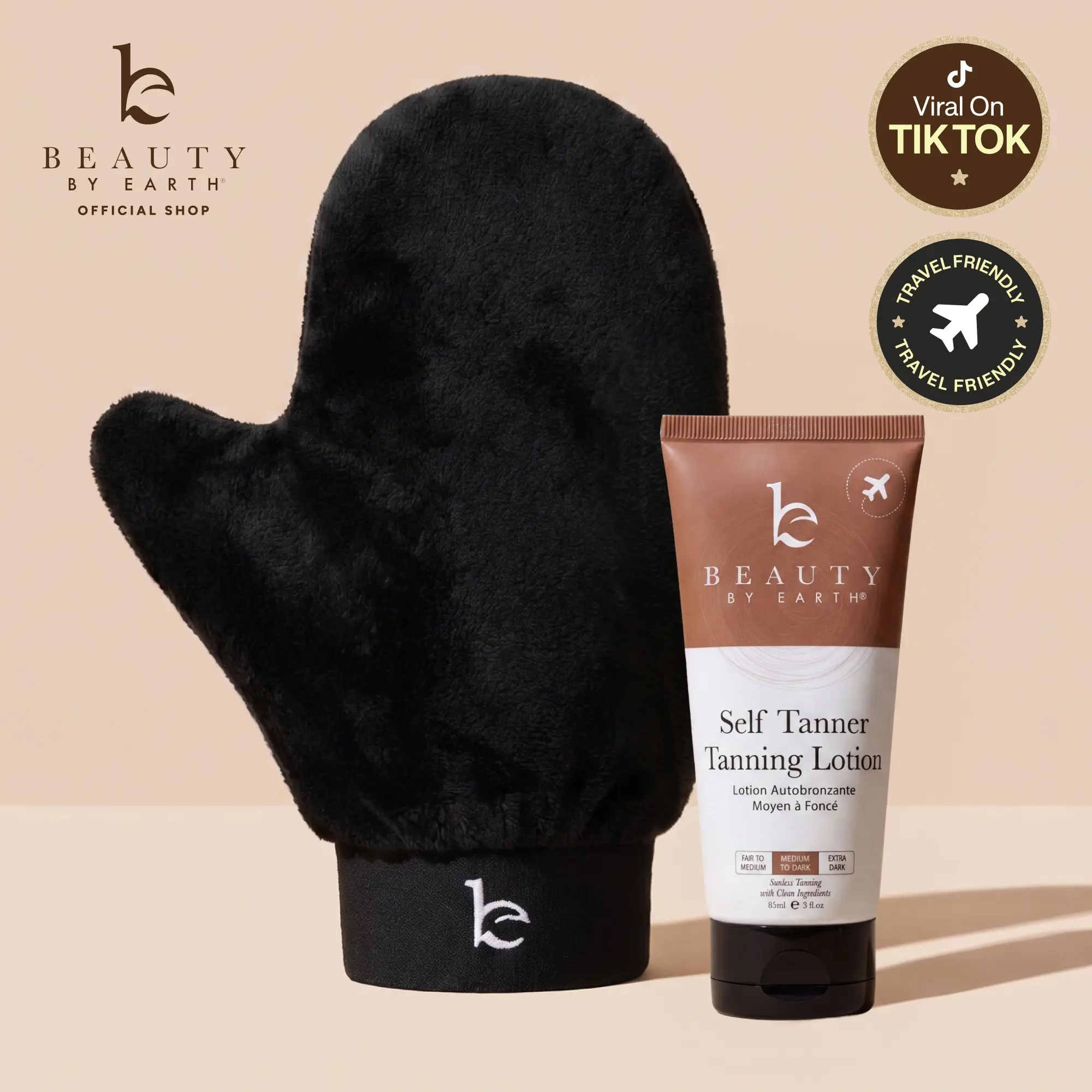 Beauty by Earth Self Tanner Lotion Discovery Kit - Sunless Tanning Travel Size Lotion 85ml with Applicator Mitt for First-Timers, Sensitive Skin Streak-Free Bronze Moisturizing Tan with Aloe Vera