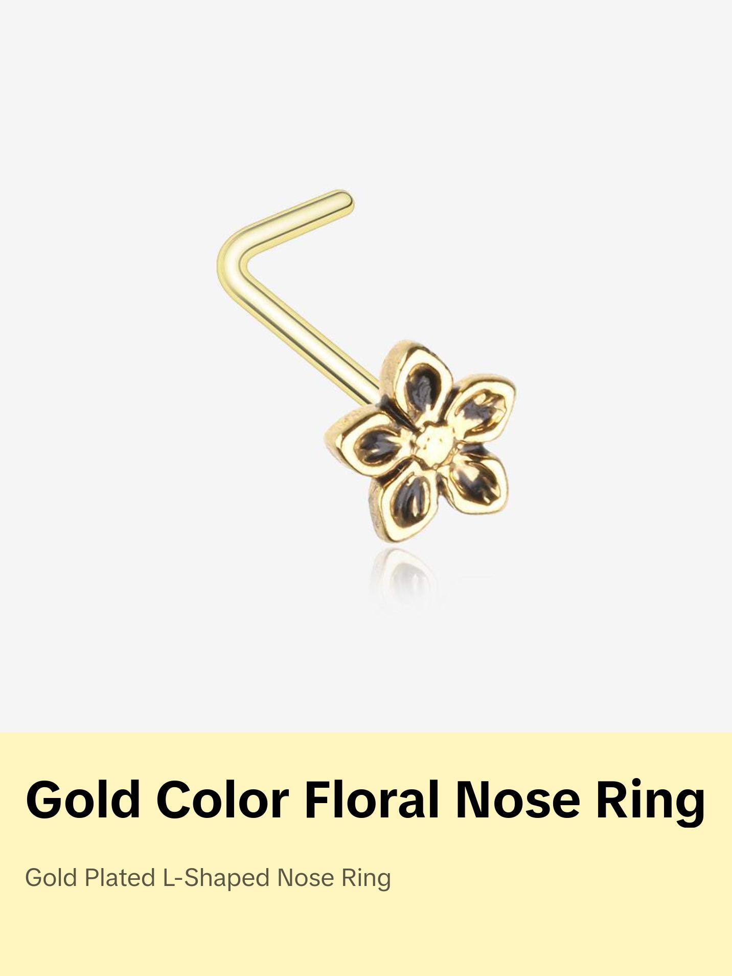 Golden Antique Violet Flower L-Shaped Nose Ring 316L Stainless Steel Gold Plated 20 GA Daily Wear Charm Piercing Jewelry