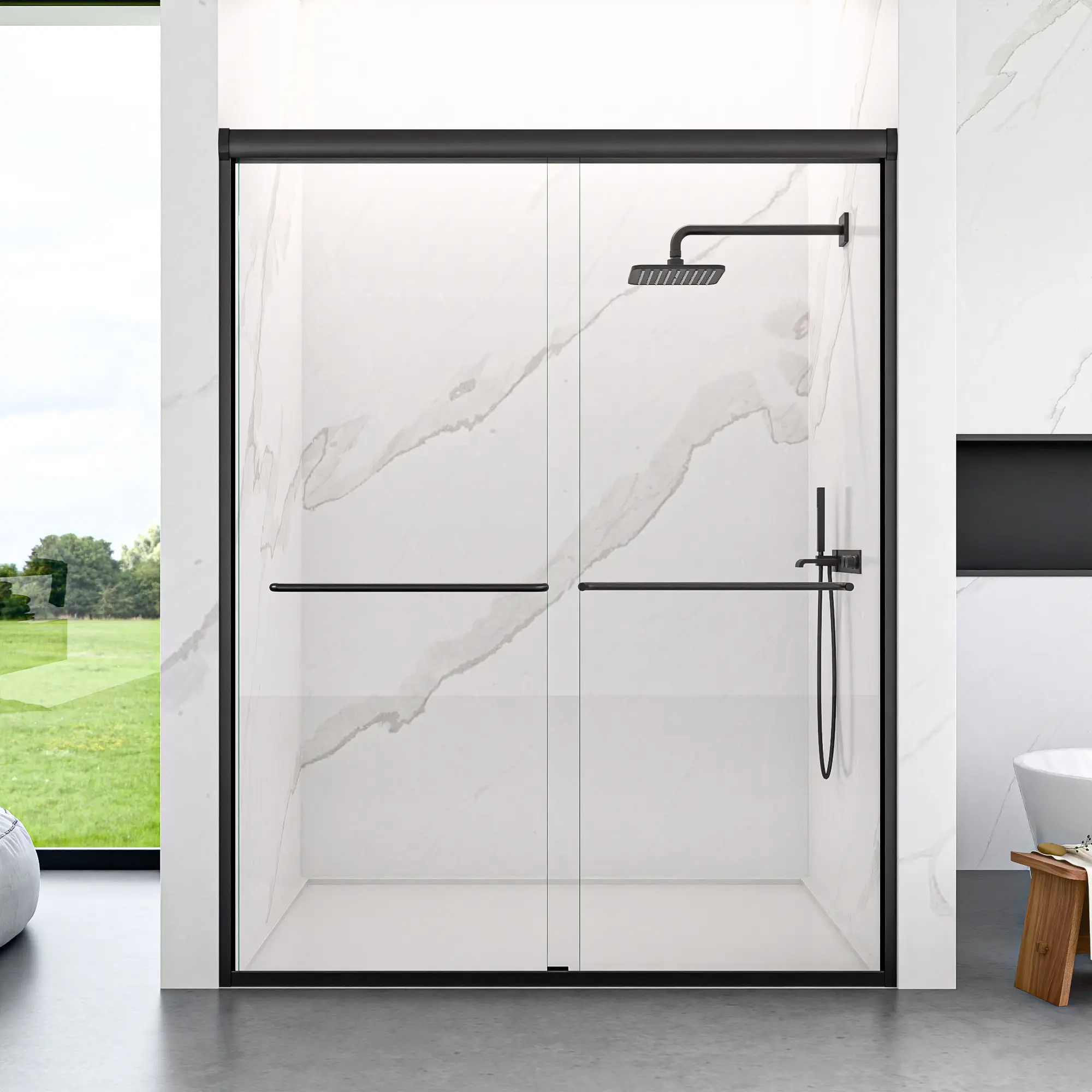 Semi-Frameless Double Door Shower Enclosure, 56"-60" W x 72" H Adjustable Width Bypass, Full View, Light-Permeable, Smooth Sliding Action, Rust-Proof, 1/4" (6mm) SGCC Tempered Glass, Heavy-Duty Aluminium Metal, Chrome Hardware, Handle, Dual Stainless Stee