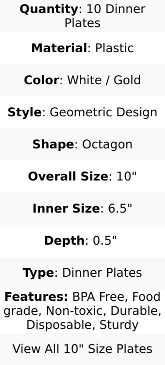 10-Pack Plastic Octagon Dinner Plates 10" White with Gold Geometric Design - Stylish Disposable Party Plates for Modern & Sophisticated Tablescape