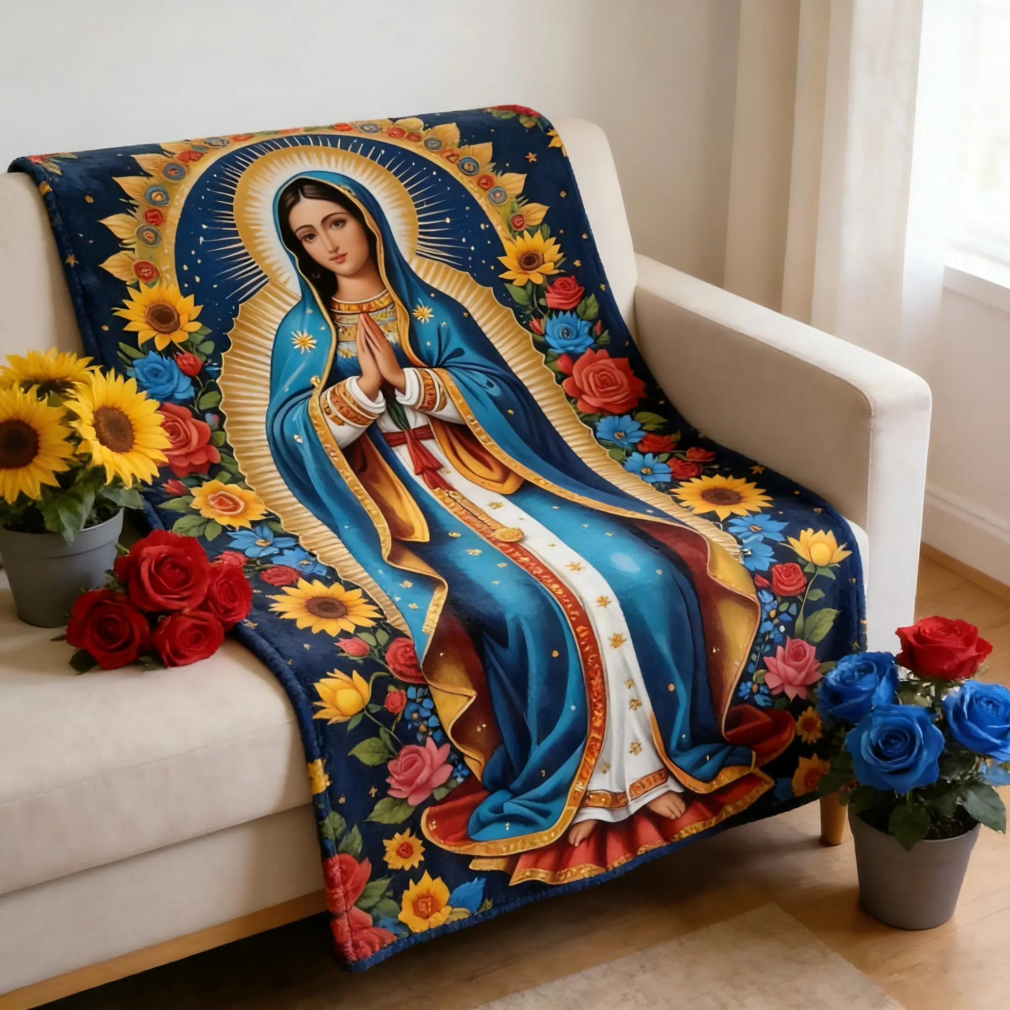 Our Lady of Guadalupe Flannel Throw Blanket with Sunflowers-Roses, Sacred Art Patterns, Soft Cozy Warm Material, Decorative Blanket Gifts for Catholics, Ideal for Bedroom, Cozy Warm Blanket