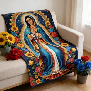Vibrant Our Lady of Guadalupe with Sunflowers & Roses Flannel Blanket Soft Cozy Plush Throw Perfect Religious Gift for Catholics & Mexican Culture Enthusiasts Warm Snuggle Blanket for Bedroom & Prayer Room Colorful Sacred Art Design