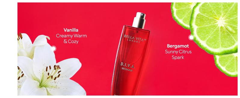 BellaVita Luxury's DIVA Eau De Parfum | Perfume for Women | Bergamot, Black Currant, Lily & Musk | Fruity & Floral | Long Lasting BellaVita Luxury's DIVA Eau De Parfum | Perfume for Women | Bergamot, Black Currant, Lily & Musk | Fruity & Floral | Long Lasting