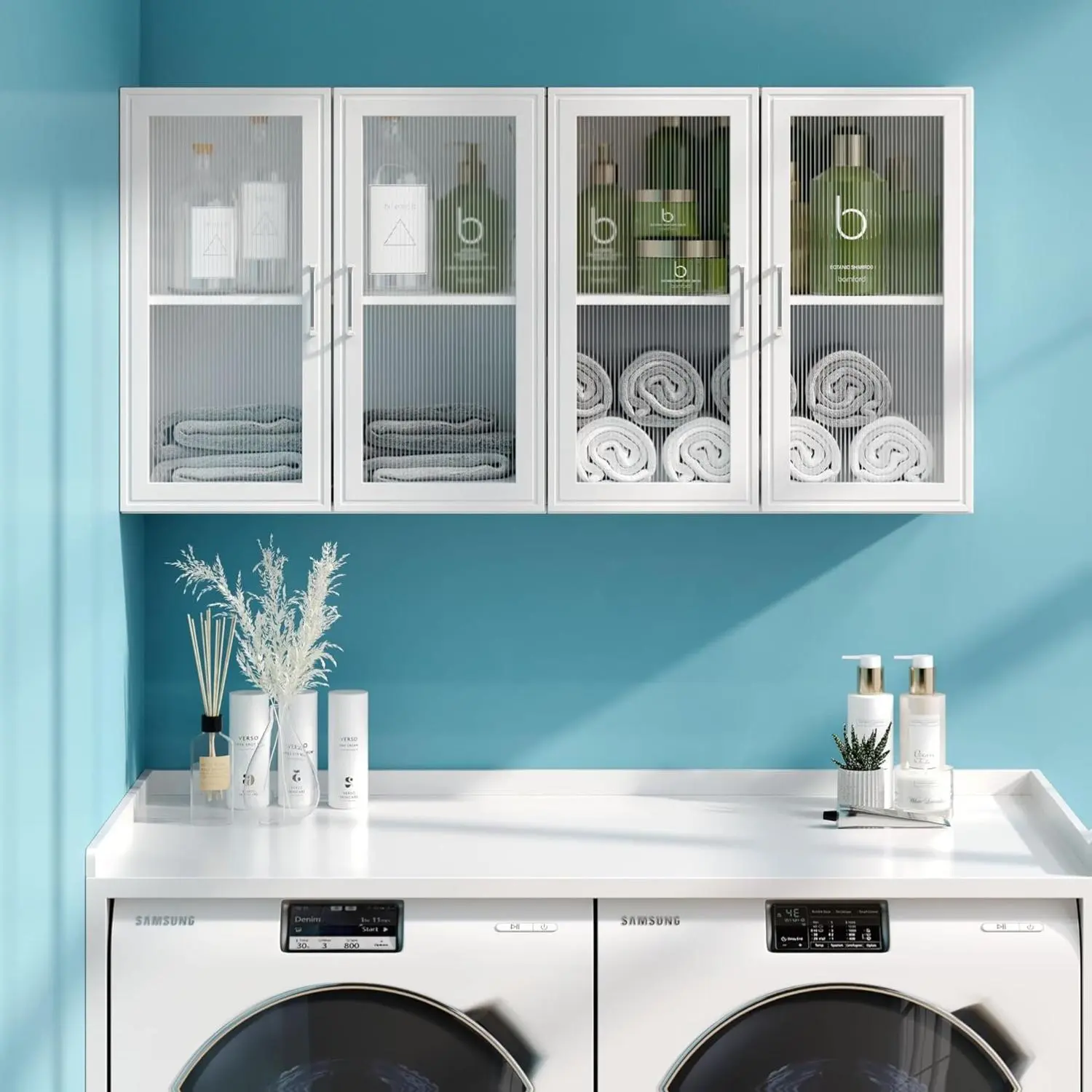 Summervibes 2Pcs Modern Storage Cabinet, 24" W White Acrylic Glass 4-Door Kitchen Wall Cabinets with Adjustable Shelf, Wall-Mounted Storage Furniture for Kitchen, Laundry