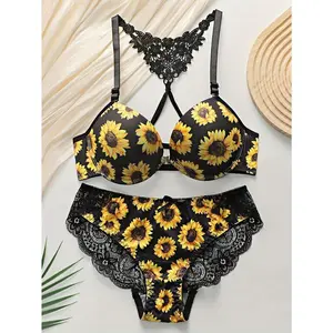 Sunflower Print Nylon-Spandex Lingerie Set with Lace Detail - Mature Floral Lash Sets with Mid-Rise Briefs for Women, Knit Fabric Without Padding, Medium Support Adult Lingerie Set2025