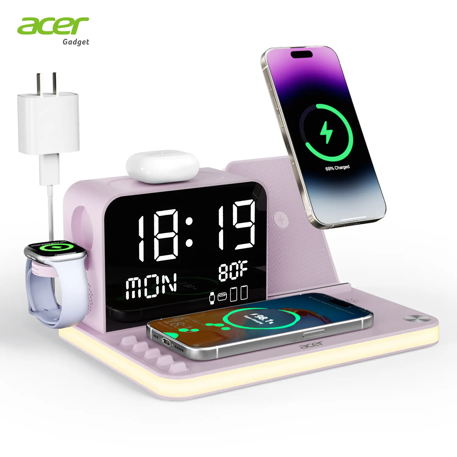 Acer 7 in 1 Wireless Charging Station Charger with Clock, LED Night Light & Temperature Display, USB-A & USB-C, Magnetic MagSafe – for iPhone, Android Phone, Apple Watch & AirPods, Gift summerwins,back to school tiktokshopbacktoschool