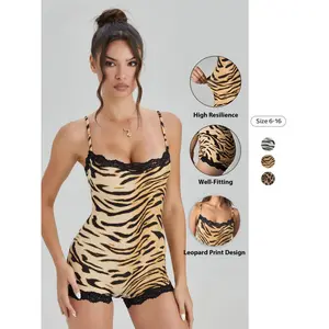 Women's Abstract Tiger Print Thin Strap Lace Trim Soft Playsuit, Minimalist Stretch Sleeveless Shapewear, Sport & Outdoor Clothing