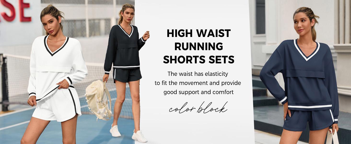 Fisoew Womens 2 Piece Outfits Long Sleeve V Neck Sweatshirt High Waist Running Shorts Sets Loose Fall Workout Tracksuits Outdoor Sports Fabrics Athleisure Set Outfit SpringStatements