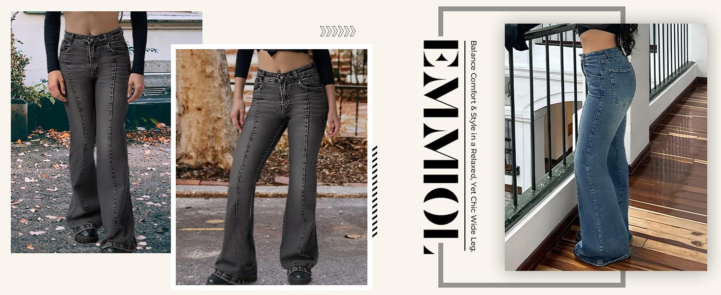 EMMIOL Women's Bootcut Stretch Jeans Flare Mid-High Waisted Stretchy Straight Leg Denim Pants with Seamed Front Loose Fit Trendy Style