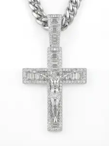 ⑤①Mens Womens Crucifix Necklace Jesus Cross Chain Iced Out Baguette REAL White Gold/ 18K Gold/Rose Gold Plated Christian Large Pendant with 8MM Miami Cuban Chain
