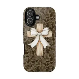 Rustic Faith Camo Phone Case - Wooden Cross & Dainty White Bow Design on Brown Camouflage Cover  |Bottomland Camo White Bow Ribbon Tough Phone Case | Phone Case for Iphone 17 16 15 14 13 12 11 8 7 SE series
