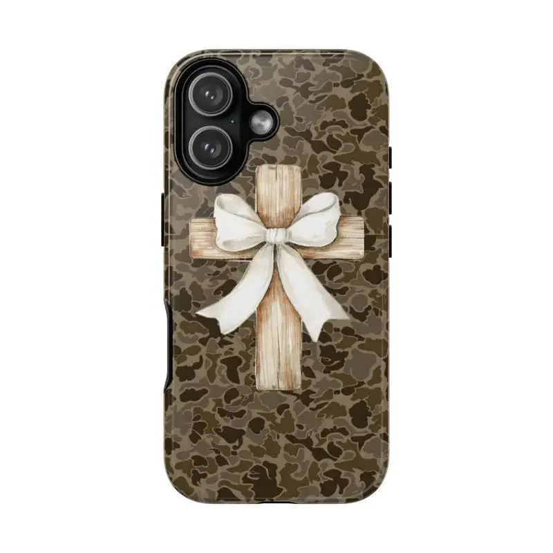 Rustic Faith Camo Phone Case - Wooden Cross & Dainty White Bow Design on Brown Camouflage Cover  |Bottomland Camo White Bow Ribbon Tough Phone Case | Phone Case for Iphone 17 16 15 14 13 12 11 8 7 SE series