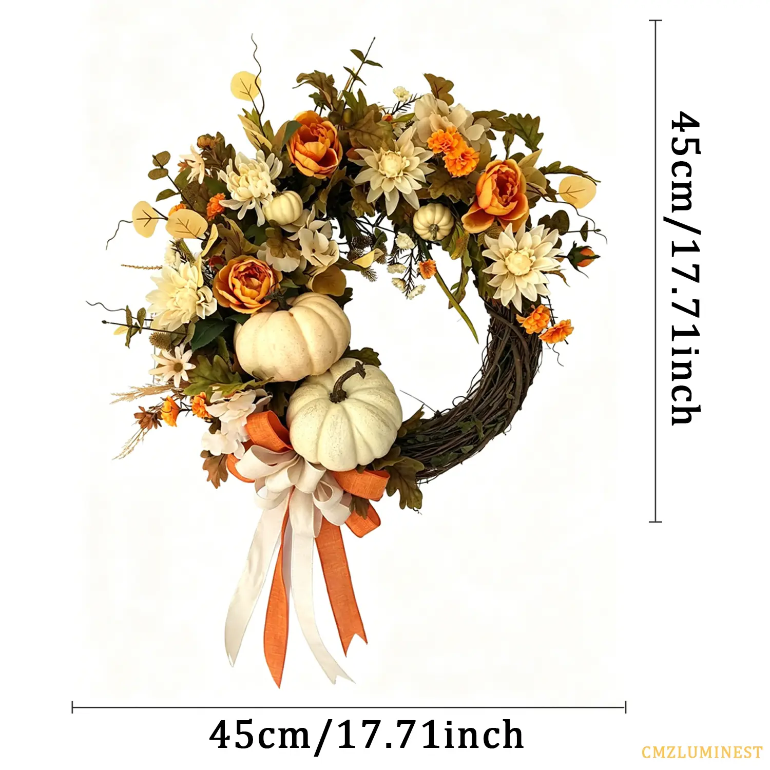 Thanksgiving, Harvest Festival, Halloween, maple leaf and fruit decorative wreaths, farmhouse autumn wreaths, combined with a white pumpkin archway decoration, suitable for decorating the front door, porch, and Thanksgiving and Harvest Festival table cent