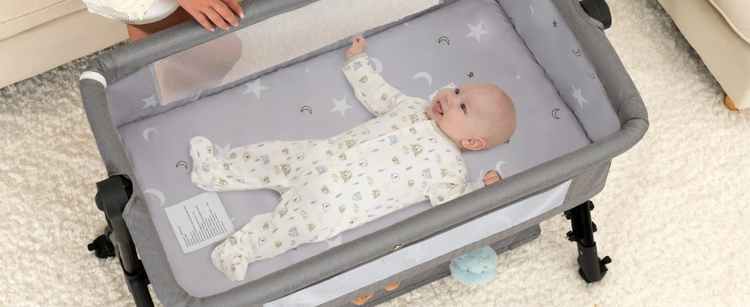 Baby Bassinet Sleeper, 6 Height Adjustable Cribs, Easy to Fold Portable Crib Side Bassinet, Swing Cradle Bed Side Sleeper with Ventilated Net&Wheels Folding Cot Layer Floorbed