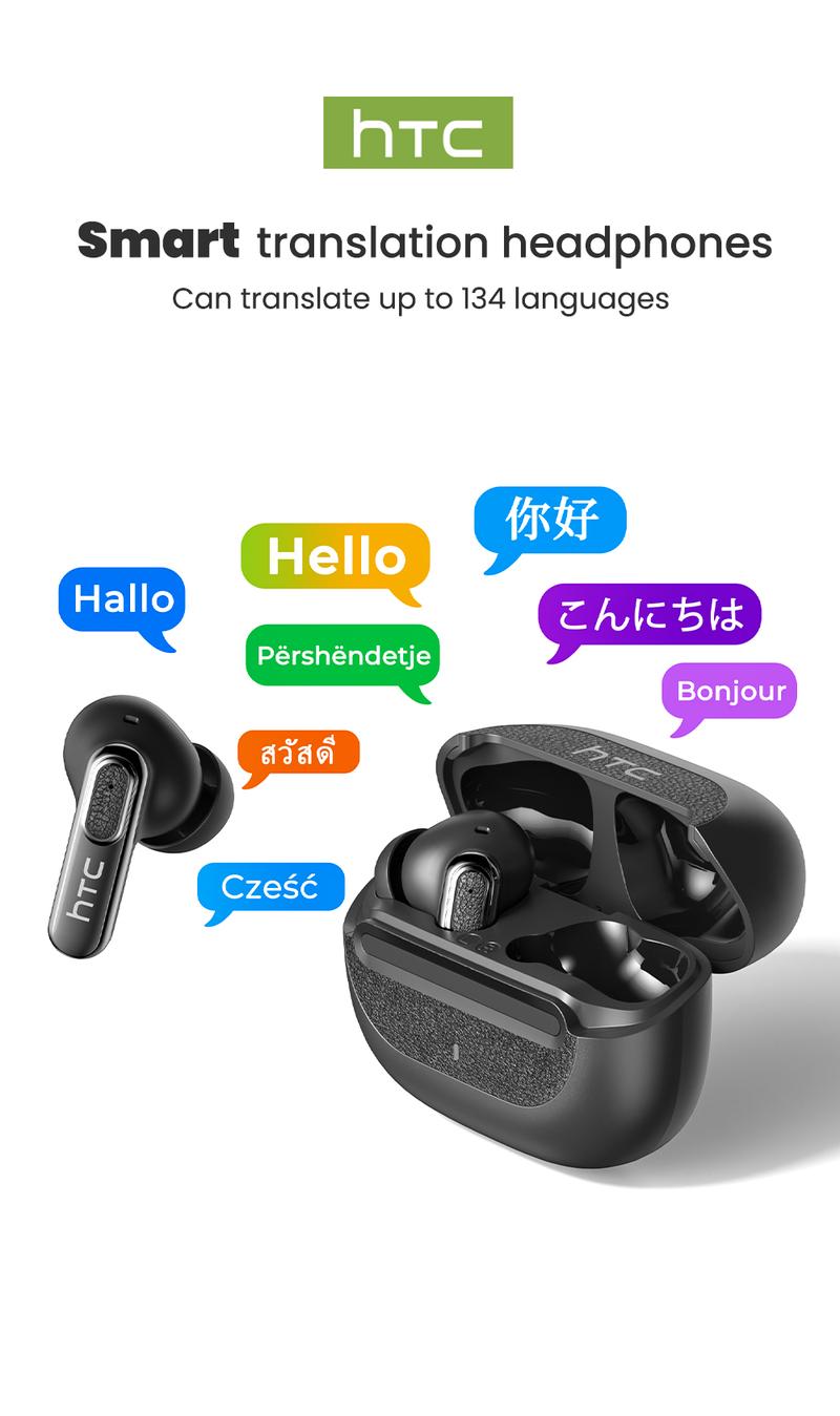 HTC NE60 TWS AI Translator Earbuds, Wireless Bluetooth 6.0, Supports Real-Time Translation in 134 Languages, IPX5 Waterproof, Hi-Fi Sound Quality, Suitable for Exercise, Meetings, Studying