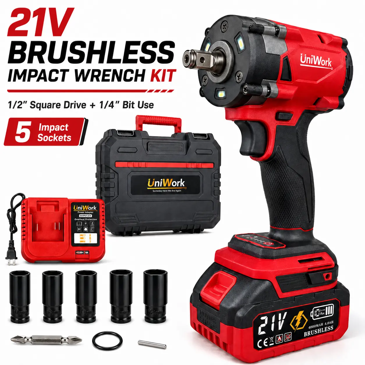 Cordless Impact Wrench Brushless 1/2 Impact Gun High Torque Electric Impact Driver Cordless Impact Wrench with 21V 1 x4.0Ah Battery ,LED Light, Case for HomeCar Tire Lug Nut fathe