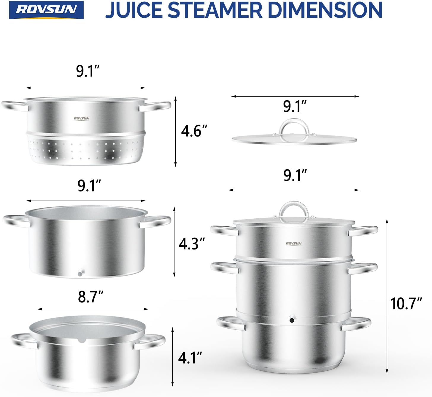 ROVSUN 8.5/11Quart Juice Steamer Stainless Steel, Extractor Fruit Vegetables Juicer Steamer Pot, w/Tempered Glass Lid Clamp, Loop Handles, Ideal for Making Juice, Jelly, Pasta