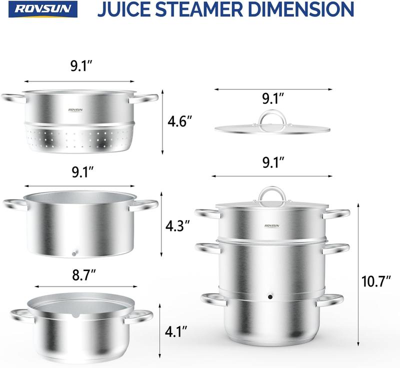 ROVSUN 8.5/11Quart Juice Steamer Stainless Steel, Extractor Fruit Vegetables Juicer Steamer Pot, w/Tempered Glass Lid Clamp, Loop Handles, Ideal for Making Juice, Jelly, Pasta
