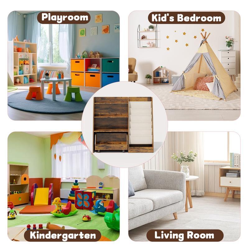 【LIVE】4-Tier Rolling Toy Storage Cabinet for Kids - 5 Layer Sling Toddler Furniture, Baby Furniture Book Rack, Organizing Nursery, Wooden Home Storage with Wheels