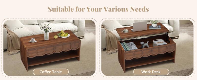 Giratree 39.37" Lift Top Coffee Table with Hidden Compartment, 2 Tier Wooden Center Table with Wave Panel, Modern Lift Tabletop for Home Living Room Office, Walnut