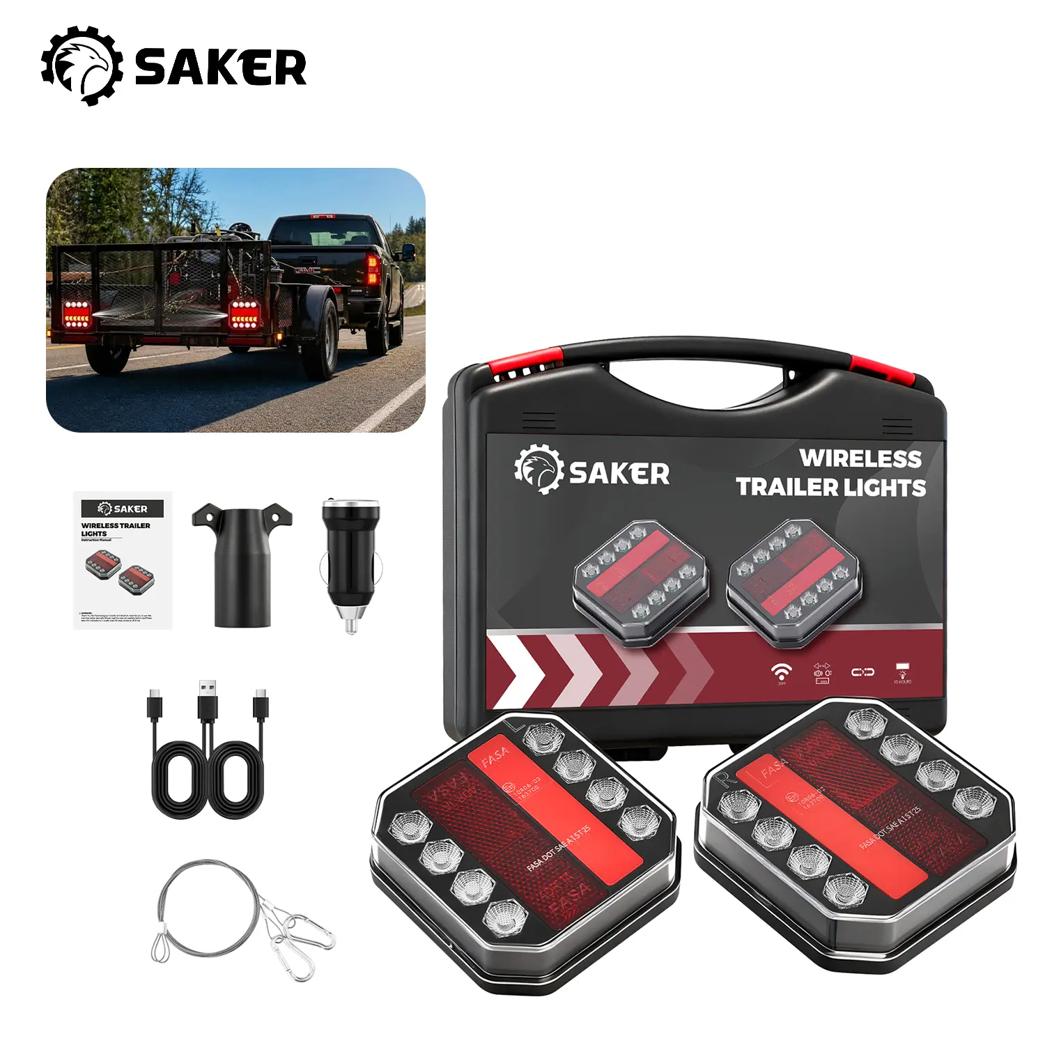 Saker Wireless Trailer Lights LED Kit - Magnetic Towing Light Bars with 2.4GHz Transmitter, Waterproof Run Tail Stop Turn Brake Signals for Trucks, RVs, Campers & Marine Boat Trailers