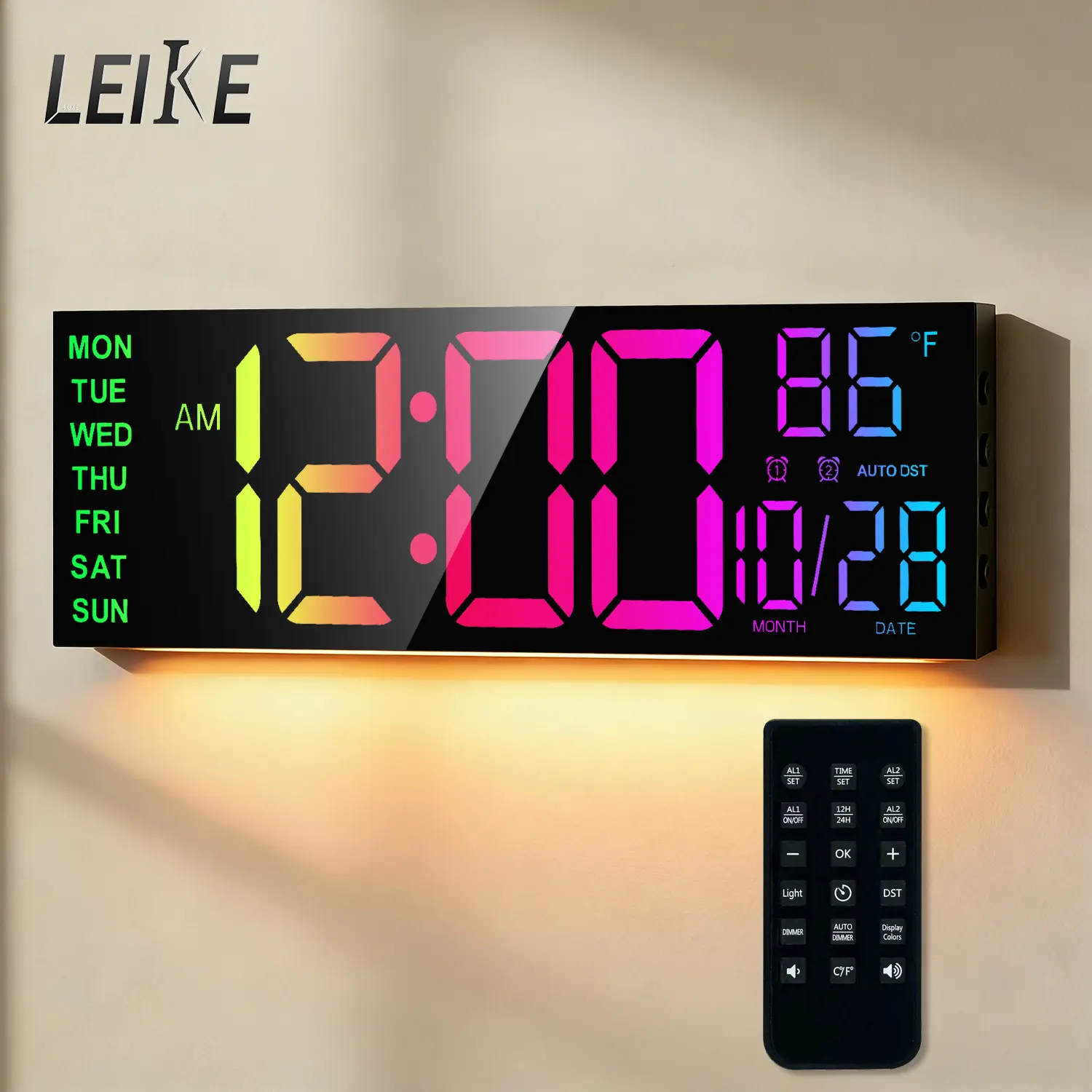 LEIKE 16.2" Colorful LED Digital Wall Clock - Rectangle Decorative Wall Decor, Multi Functional Home Supply with Remote Control, Dual Alarm, 8 RGB Colors, Auto DST, Temperature Display,dorm essentials