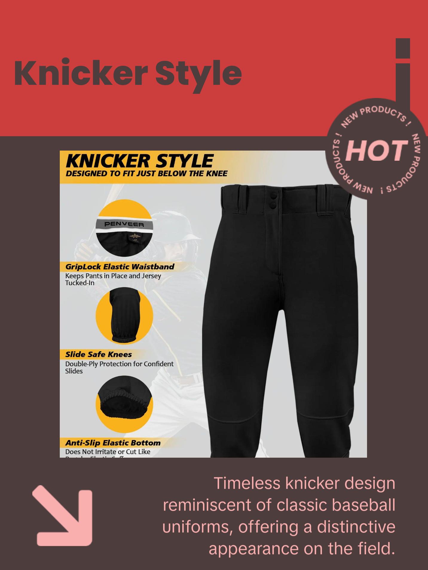 Penveer Knicker Style Adult Baseball Pants with Durable Snap Zip, Elastic Bottom Mens Baseball Pants (Black) Athletic Stretchable High Waisted Athletic