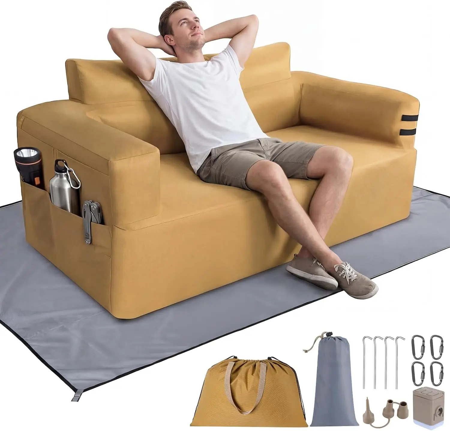Portable Inflatable Sofa Couch with Built-in Pump, Dual-Chamber, 1-Touch Setup, Oxford Fabric, 660lbs Weight Limit - Quick Inflation Indoor Room Furniture