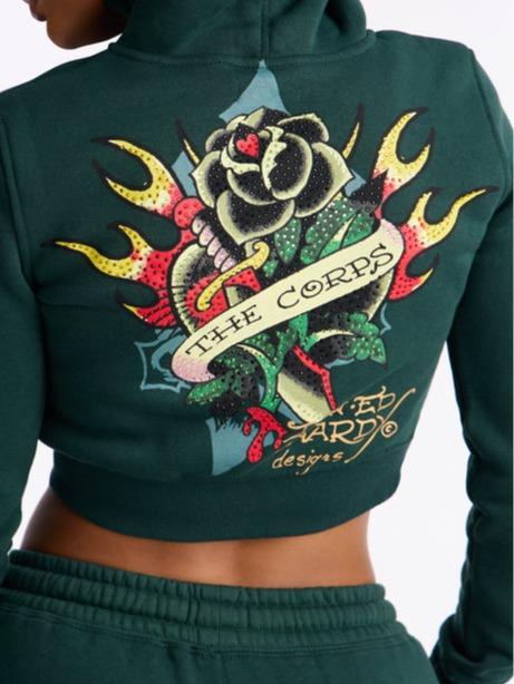 Ed Hardy Rhinestone Heart Fleece Zip Up Hoodie - Hunter Green