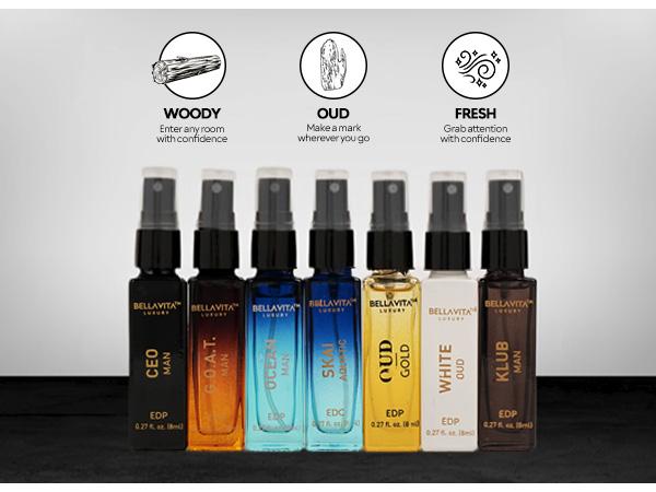 BellaVita Luxury's Discovery Gift Set for Men | 7x8 ml Micro Perfumes | CEO Man, GOAT Man, Klub Man, Skai, Ocean Man, White Oud, Gold Oud