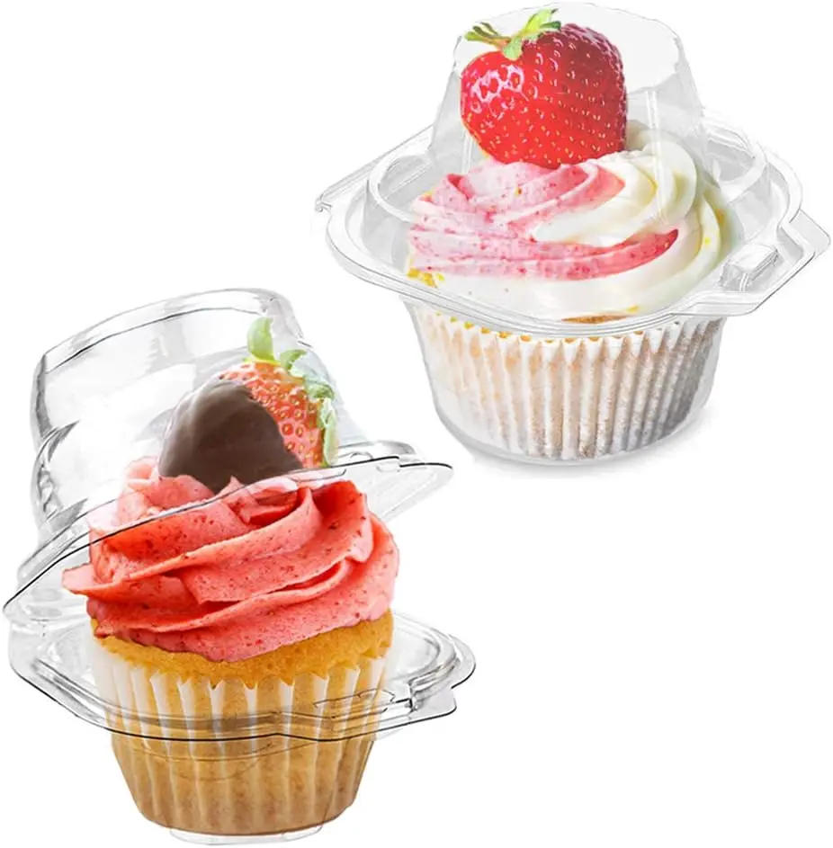 QUSEVOO 100 Pcs Cupcake Boxes Plastic Individual Cupcake Containers Single Cupcake Carrier with Connected Airtight Dome Lid for Party
