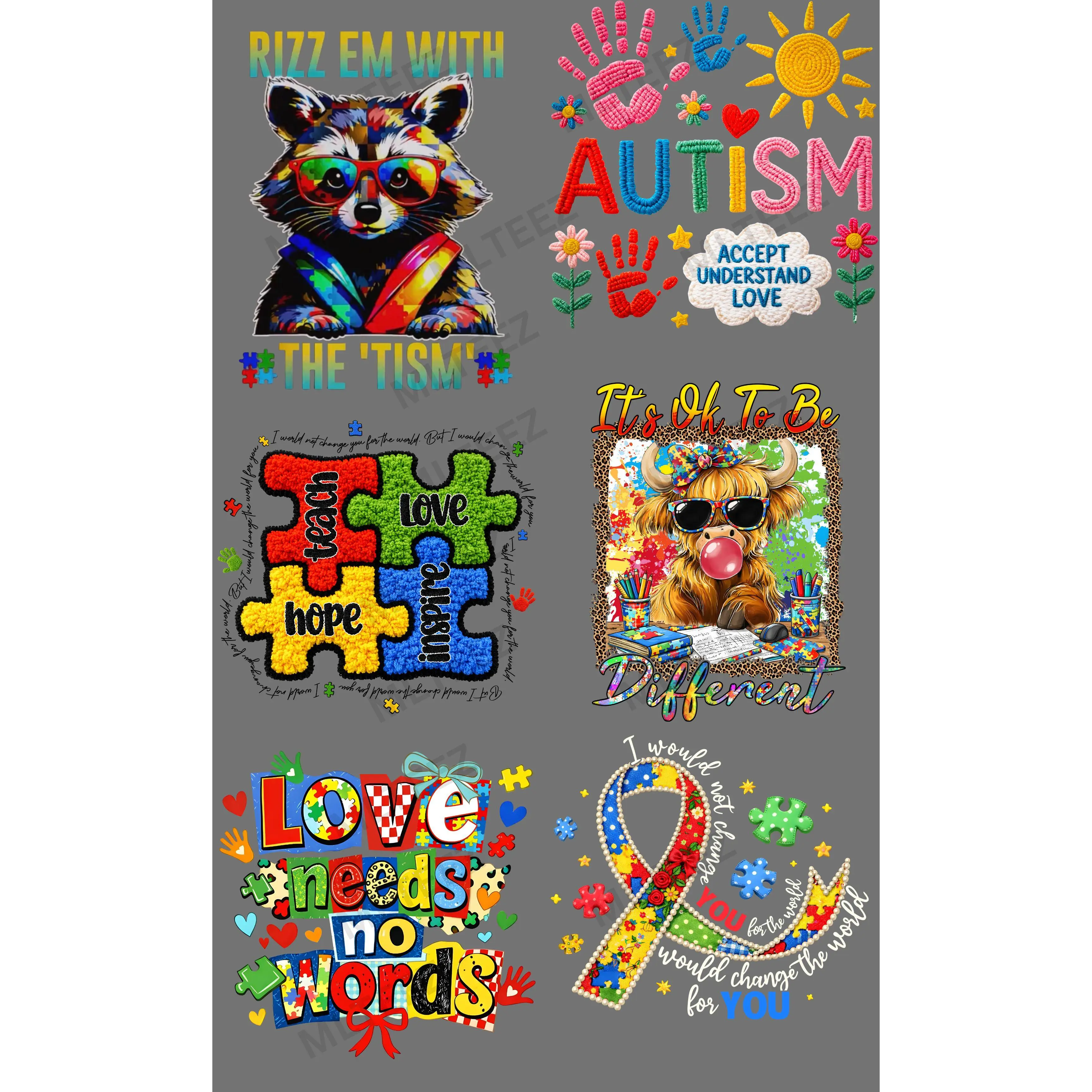 AUTISM (14) PREMADE GANGSHEET - 22X36 DTF TRANSFERS - DIRECT TO FILM