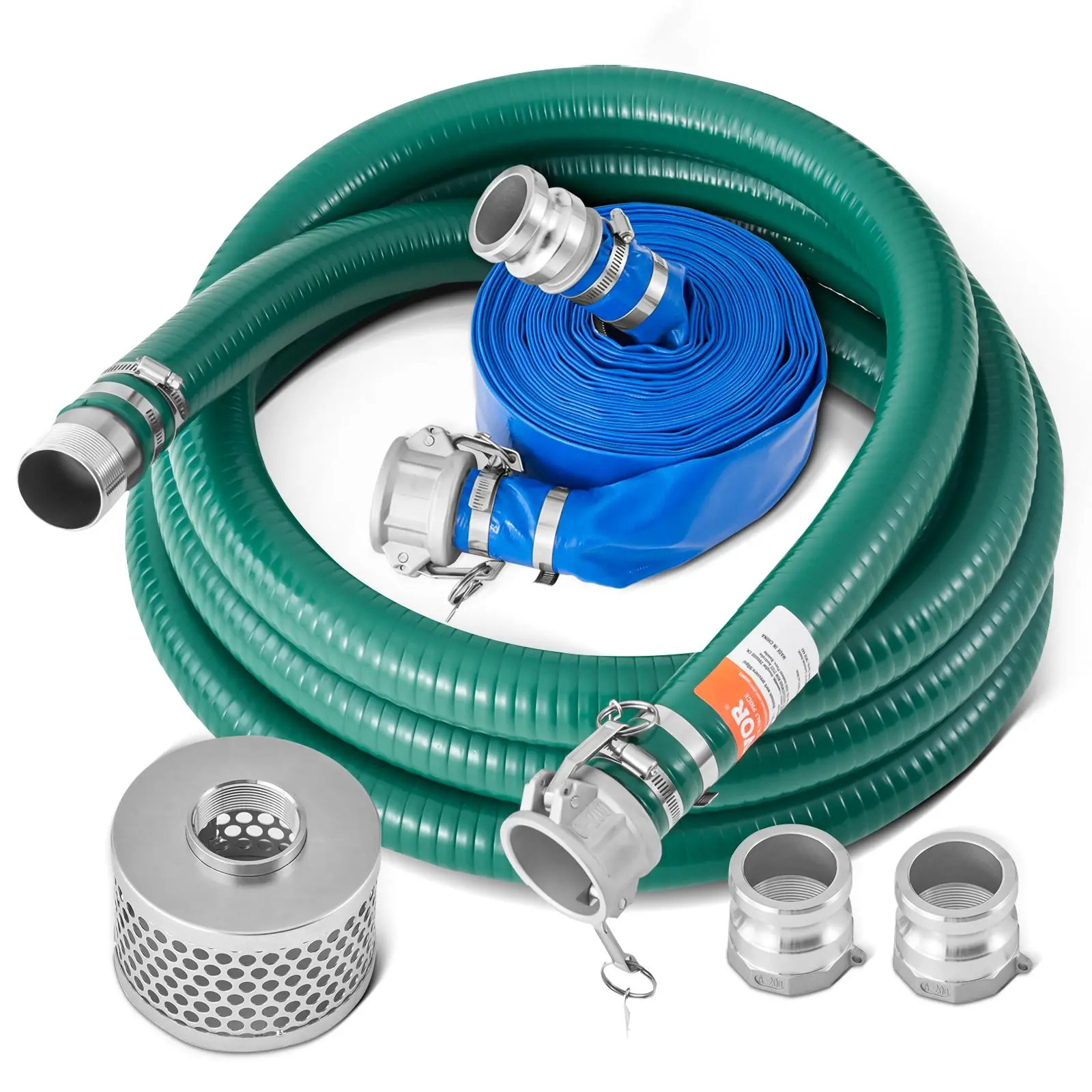VEVOR Hardware Water Pump Suction Kit - 2 in x 50 ft Blue High-Density PVC Backwash Pipe, 20 ft Green Suction Pipe, Steel Round Hole Strainer, Camlocks, Clamps, Cam-Groove Adapter, 10mm Spools, Leakproof Seal, Full Coverage for Farmland Use, Backwash Hose