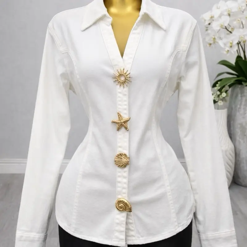White Denim Shirt with Gold Starfish & Shell Buttons for Women's Fashion